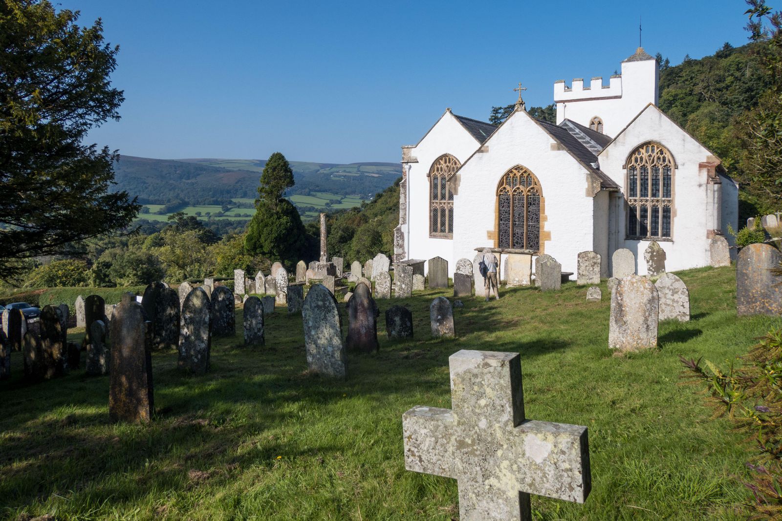 2HW9HA3 UK England Somerset. All Saints the whitepainted church in Selworthy Exmoor National Park.