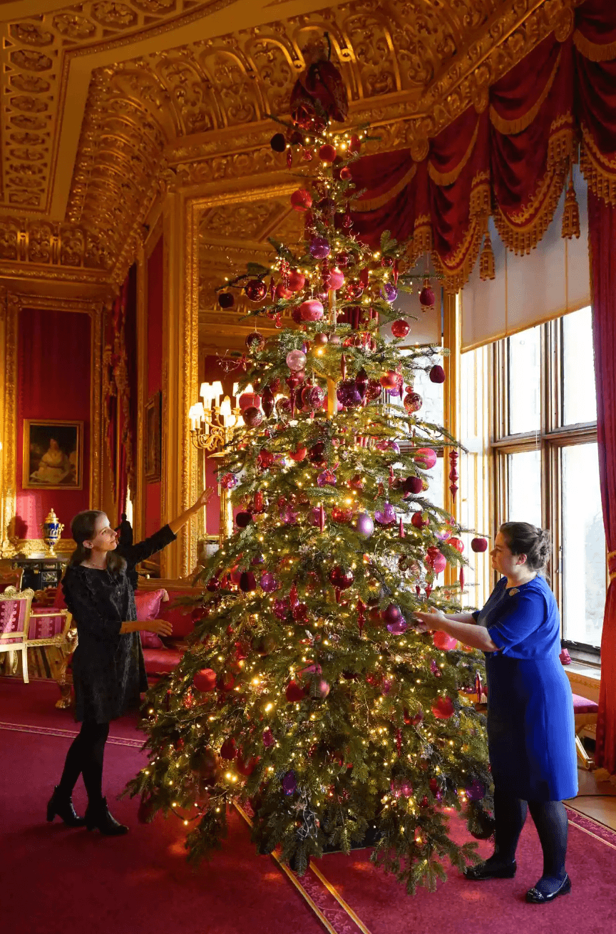 A decorated Christmas tree in the Crimson Drawing Room.