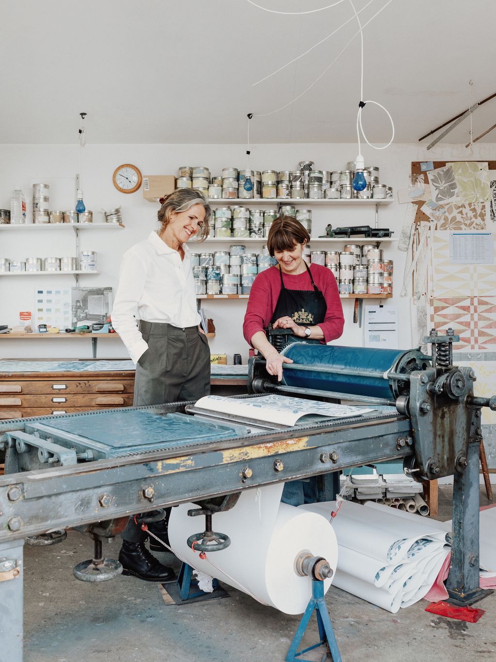 With Jo Broadhurst daughter of wallpaper doyenne Marthe Armitage in her studio at Strand on the Green in Chiswick
