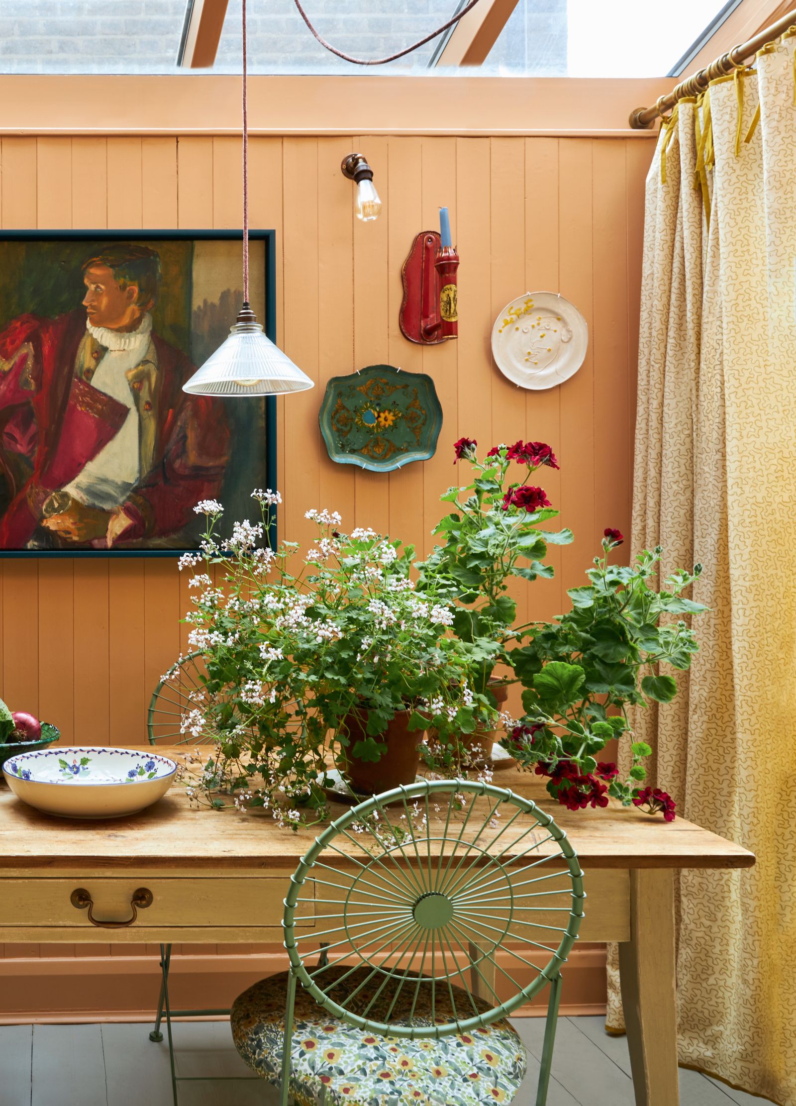 The kitchen in Max Hurds London house is peach by way of the wittily named ‘Fake Tan by Farrow amp Ball