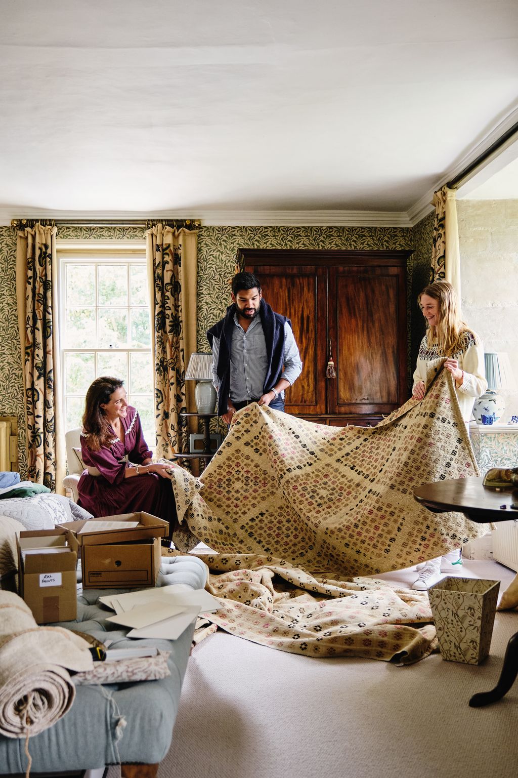 Looking at textiles for a bedroom with Rosie and project designer Billie Worrall Thompson.