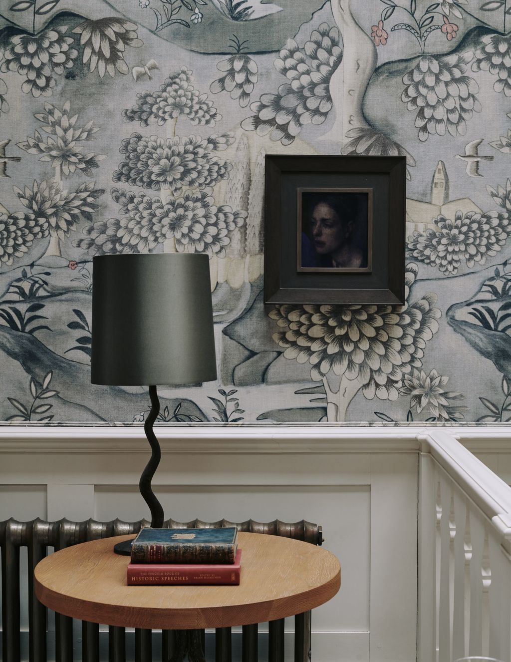 Looby Crean chose ‘Slaked Lime Mid for this panelling in her house in Chiswick with Zoffany's ‘Verdure wallpaper above....