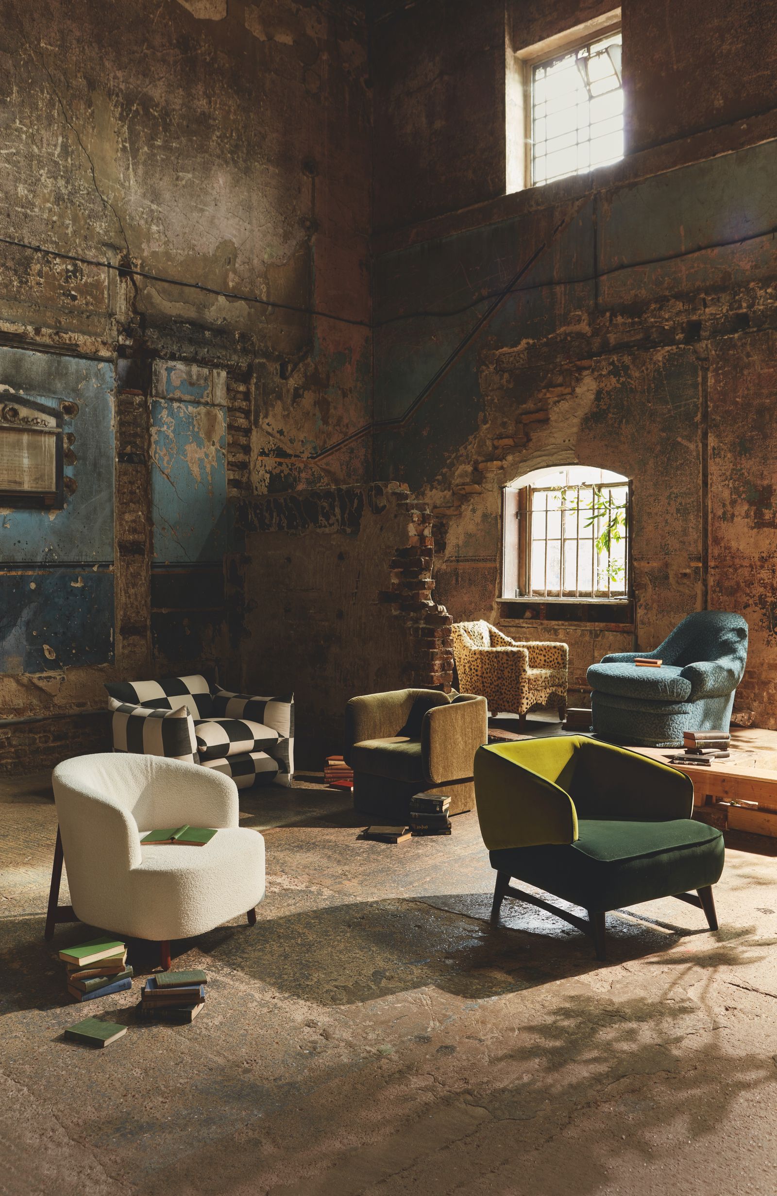 Still life feature 'Front row seats' view of upholstered arm chair