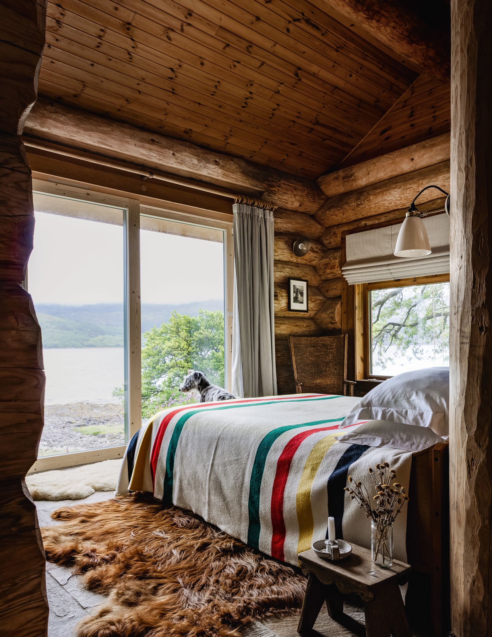 A Hudson's Bay blanket can be the perfect winter addition as seen here in the founder of Honest Burgers' lochside cabin...