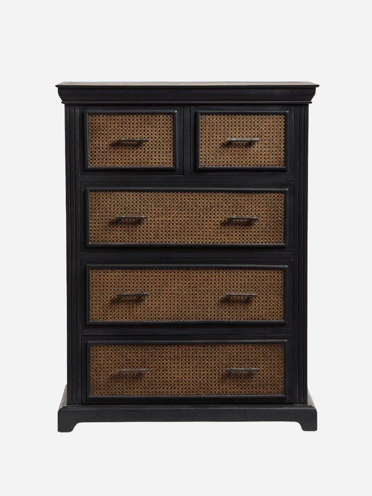 OKA , Large Bayuban Chest Of Drawers, black brown exterior and framing panelling around rattan drawers