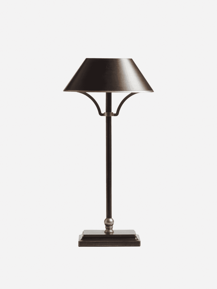 OKA Wireless Lamp and Shade in black-brown, gold details and rim on lampshade
