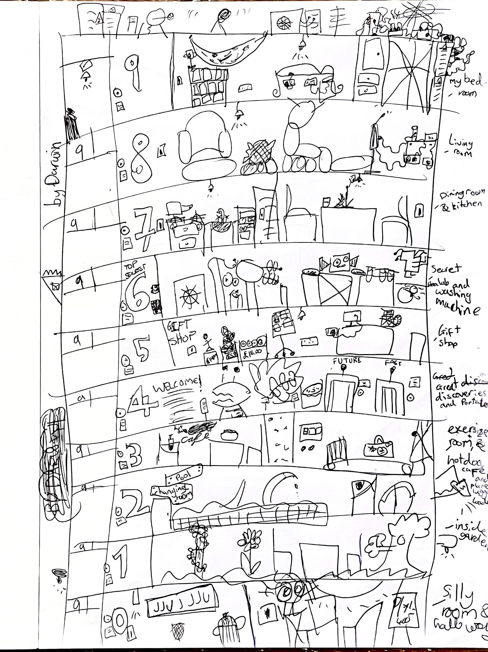 Darwin's house is bursting with imagination and includes a secret lab and portals to the past and future