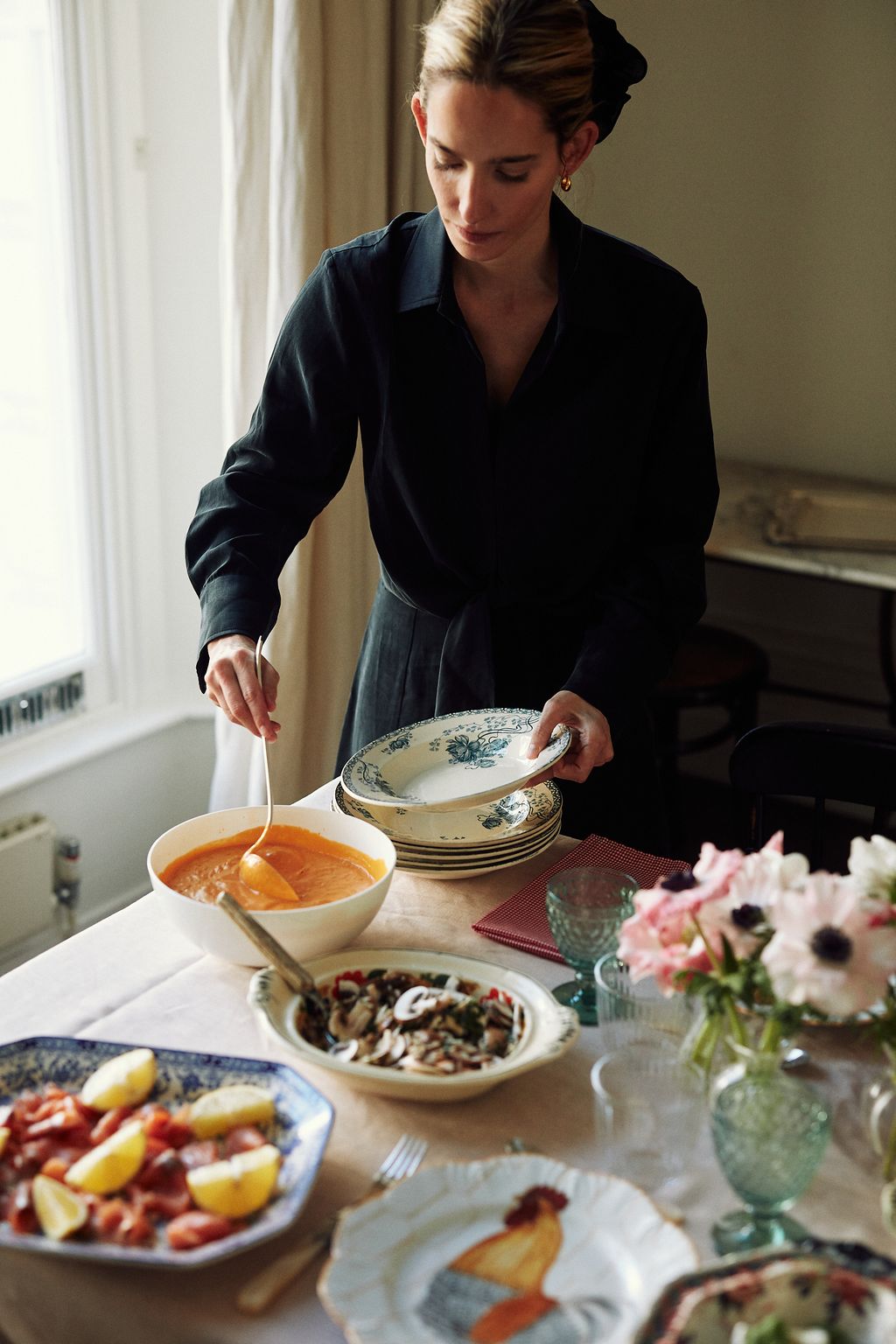 The flower vases are from Flower Shop Kensington. The vintage blue bowl is from Basset Antiques.