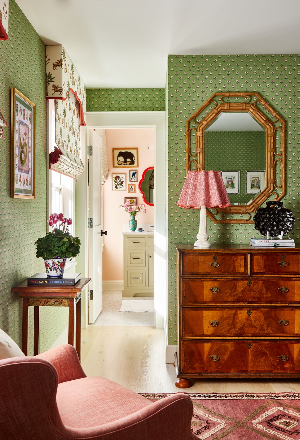 A lamp from Penny Morrison stands on the chest.