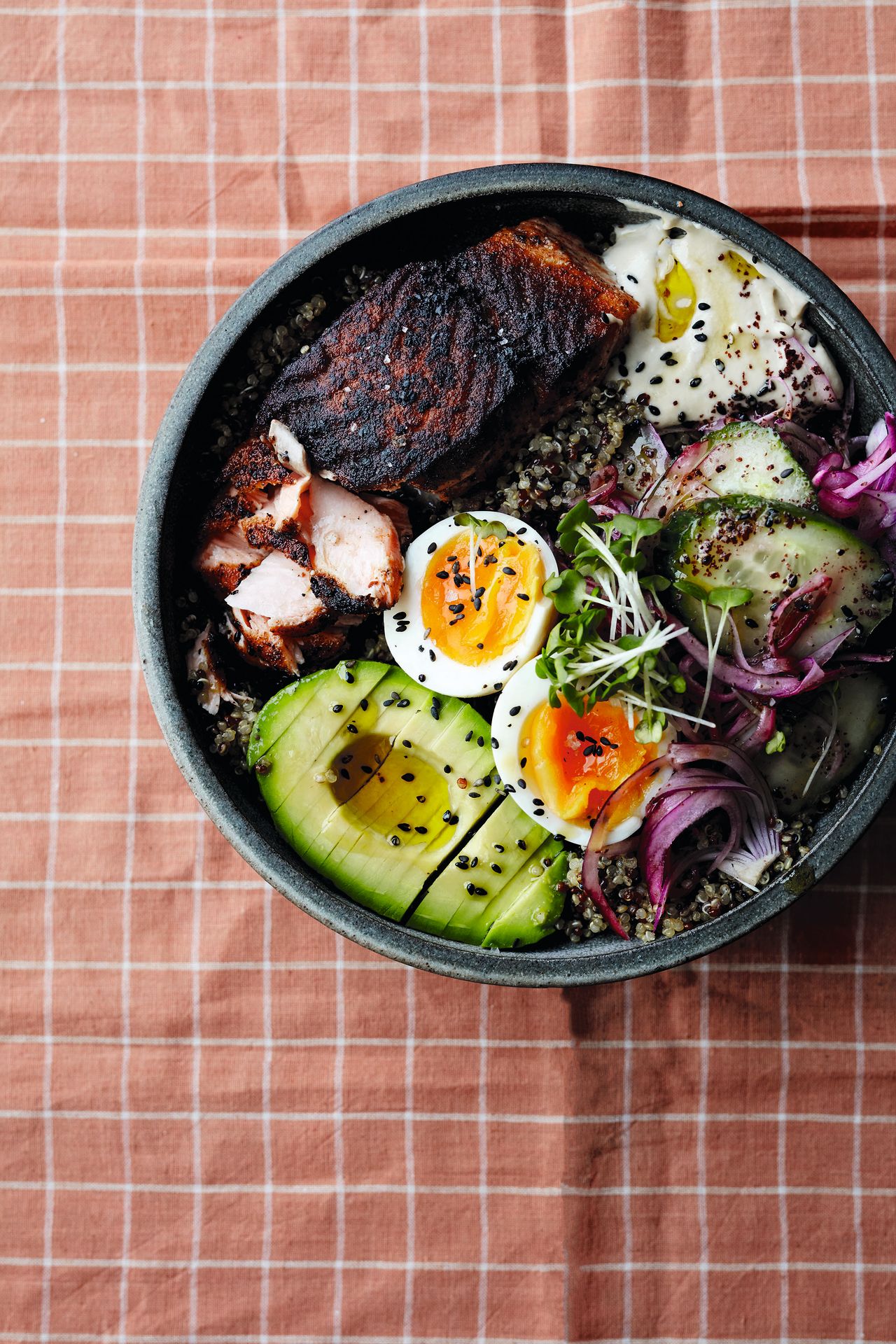 Blackened sumac salmon grain bowls with tahini dressing