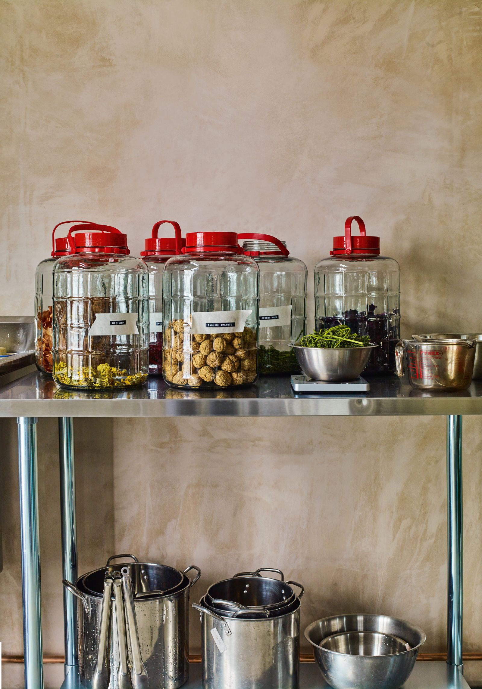 Plant materials are dehydrated and stored in jars.