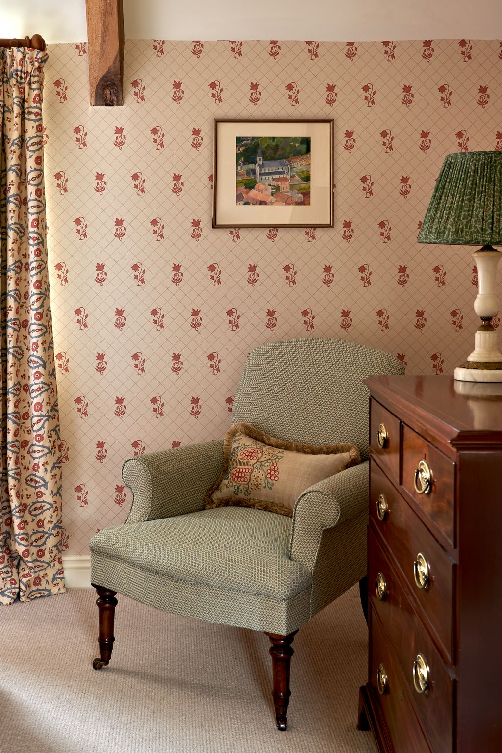 In the same bedroom the blue armchair is “Lambourne” by Balmain Balmain and is upholstered in “Mini weave” in sky by...