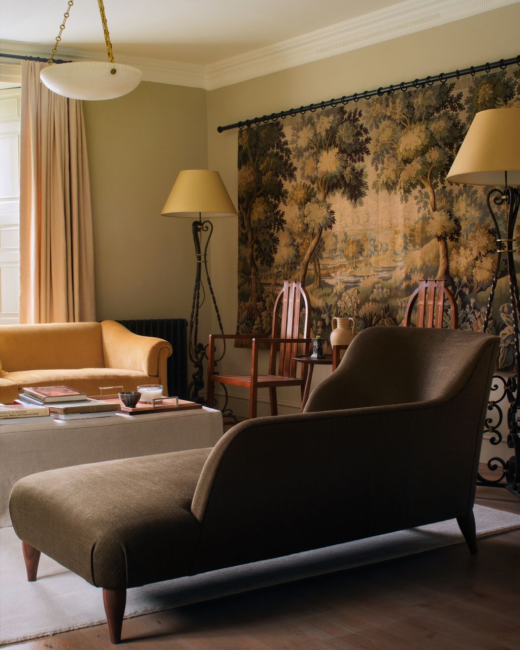 The Arts and Crafts chairs are by GM Ellwood for JS Henry bought from Lorfords Antiques. The wrought iron floor lamps...