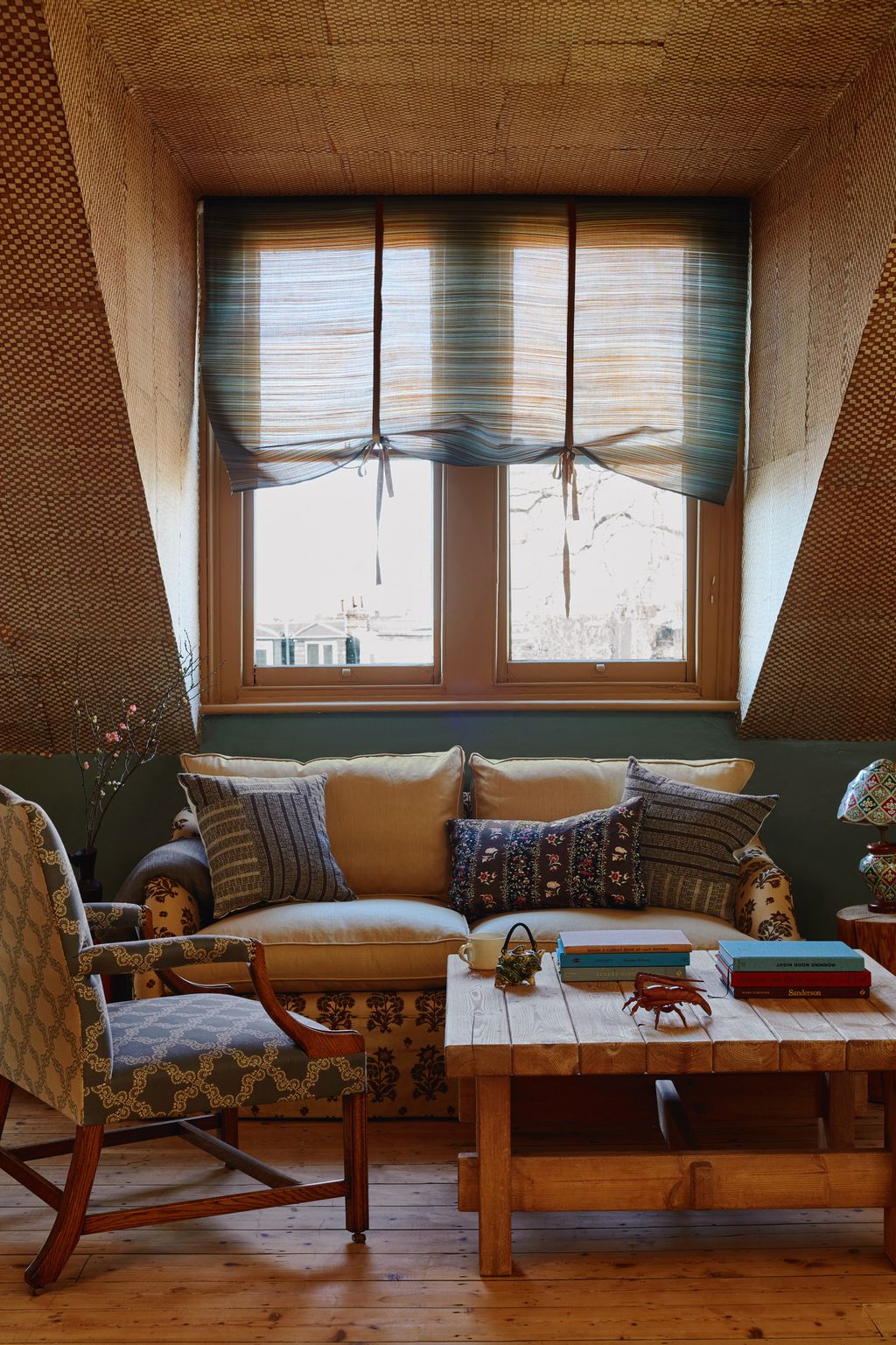 ‘Chess rice paper wallcovering as before from Design Concrete.  Wall in ‘Green Smoke 54.50 for 2.5 litres estate...