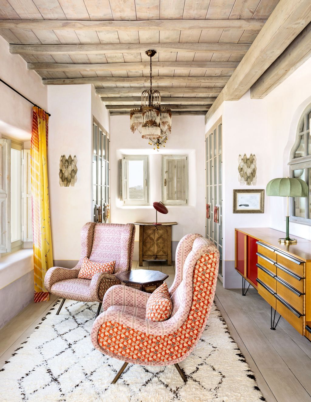 ‘Senior Lounge Chairs by Marco Zanuso covered in silk kimono fabric are among several midcentury pieces in the dressing...