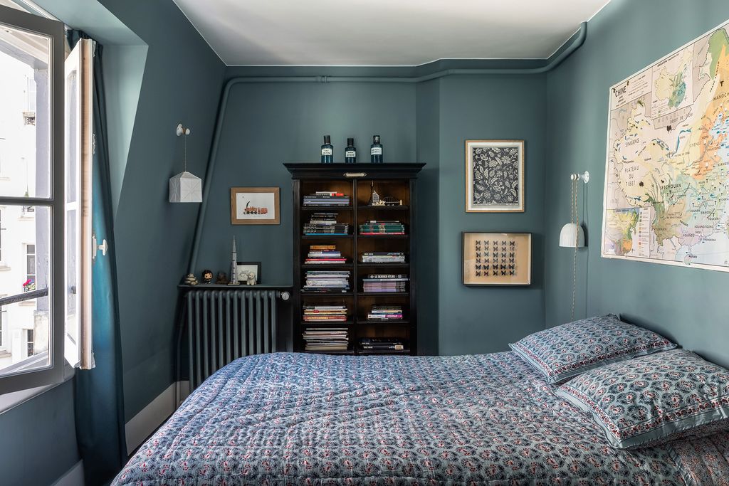 In her sons bedroom Alix has painted the walls in ‘Berrington Blue by Farrow Ball.