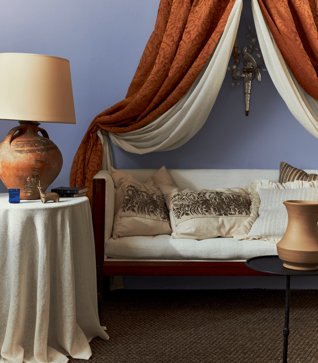 ‘French Lavender 59 for 2.5 litres perfect matt emulsion from Designers Guild.  Curtains in ‘Olimpia  by Patrick...