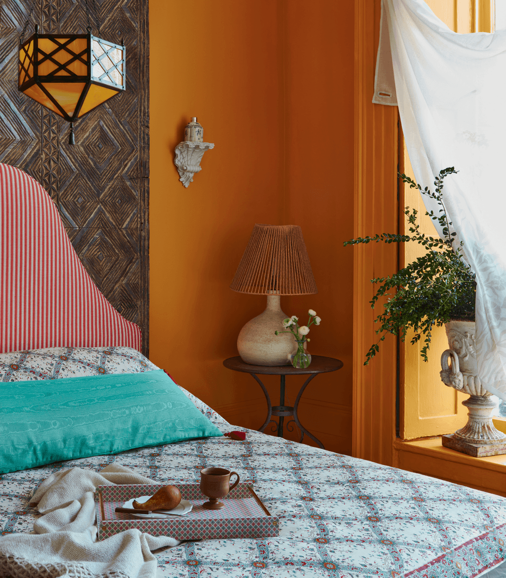 ‘Dutch Orange as before Farrow  Ball.  Curtains in ‘Iznik Sheer  polyesterlinen 210 a metre from Schumacher with...