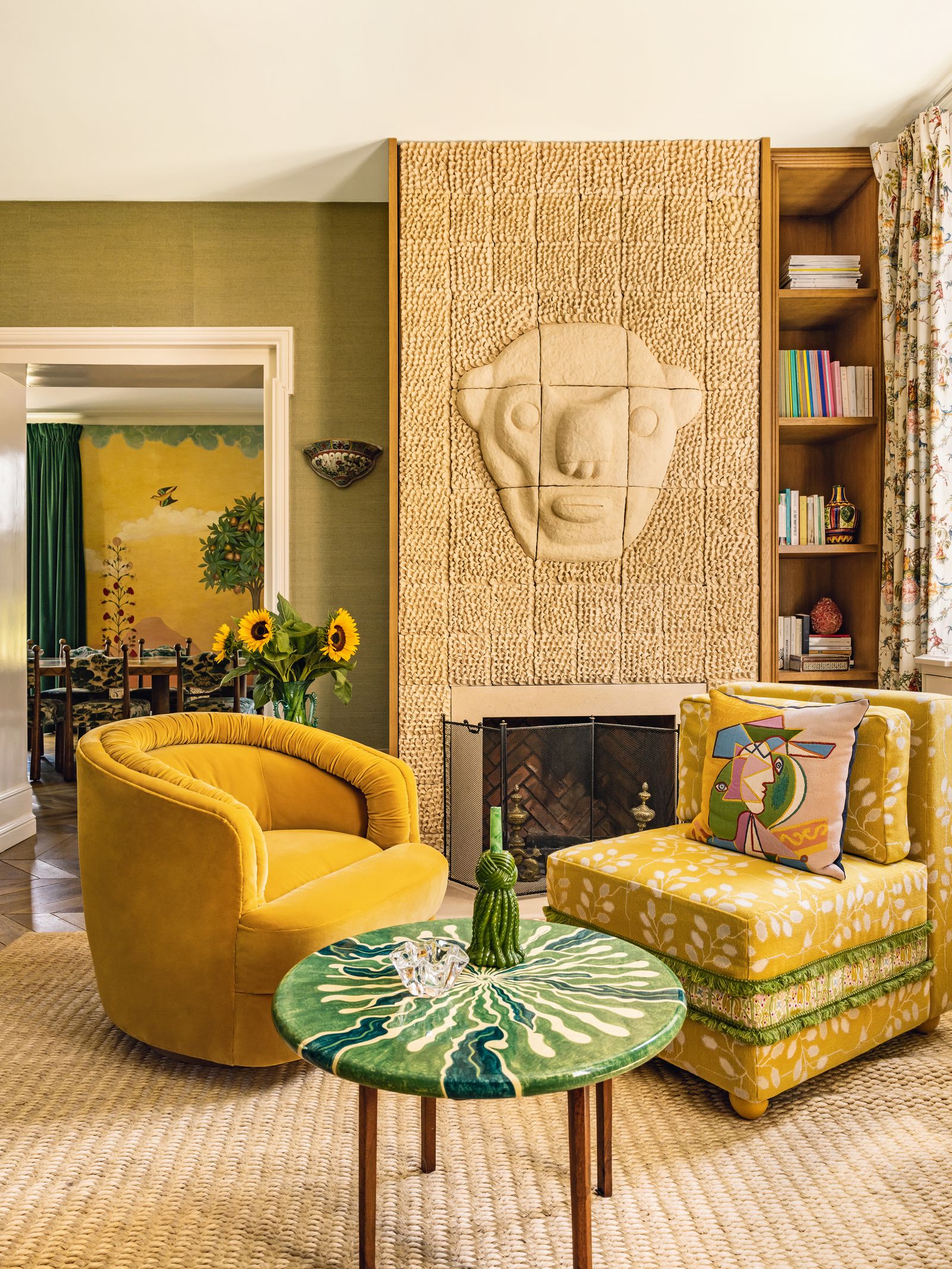 A ‘Colosseo armchair in casimir velvet an ‘Ipanema Sunny chair in Schumachers ‘Tumble Weed Épingl in buttercup and a...