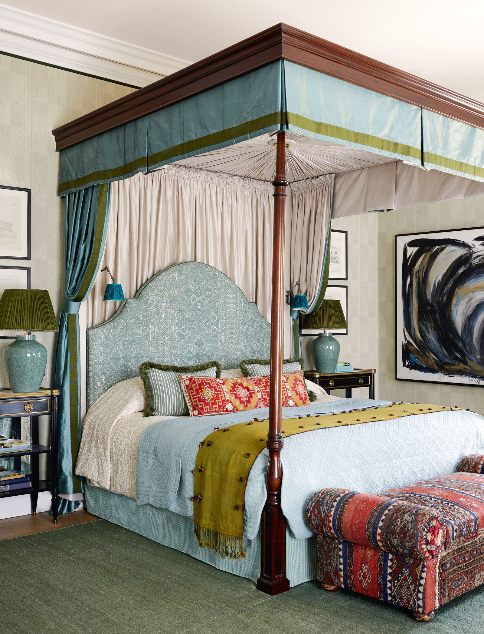 In the main bedroom an early20thcentury kilimcovered bench from Howe London and an oblong cushion from Francesca...