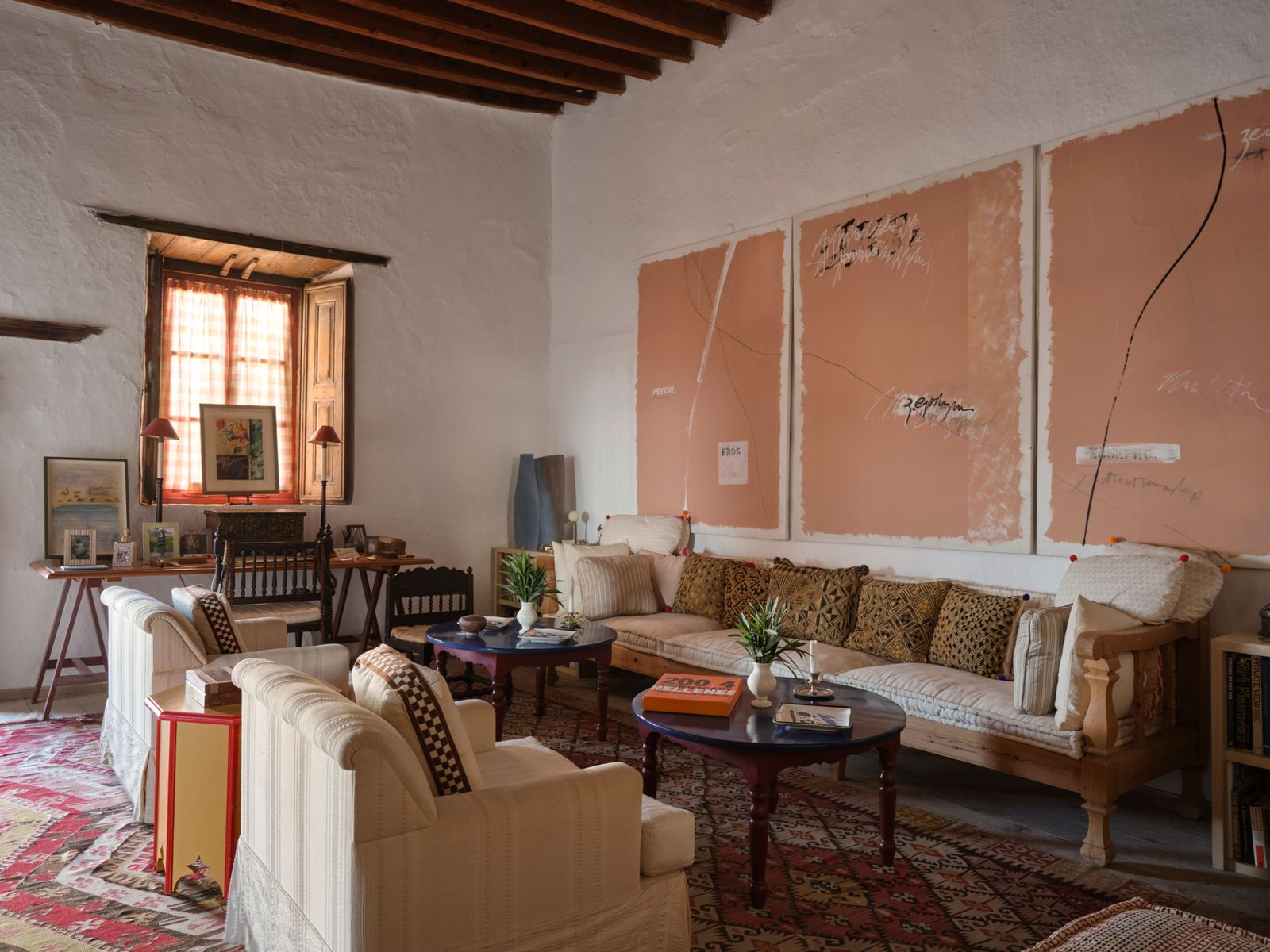 The subject of the triptych by Teddy MillingtonDrake is antique myths — the words depicted are Psyche Eros and Love Zeus...