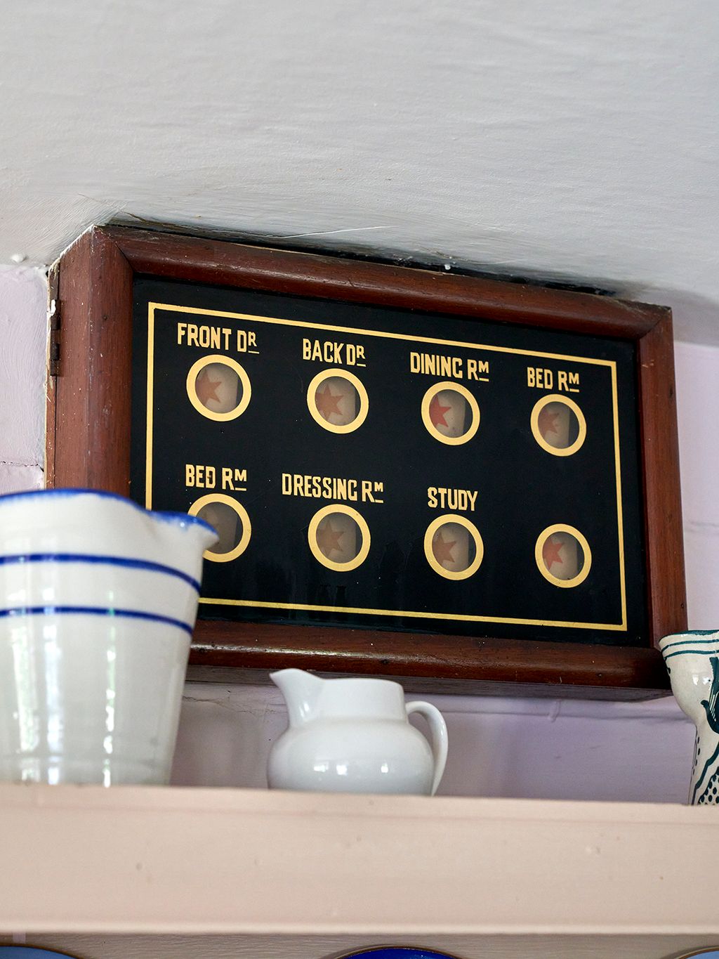 The serving bell box  in the kitchen used to ring in two farm cottages across the road.