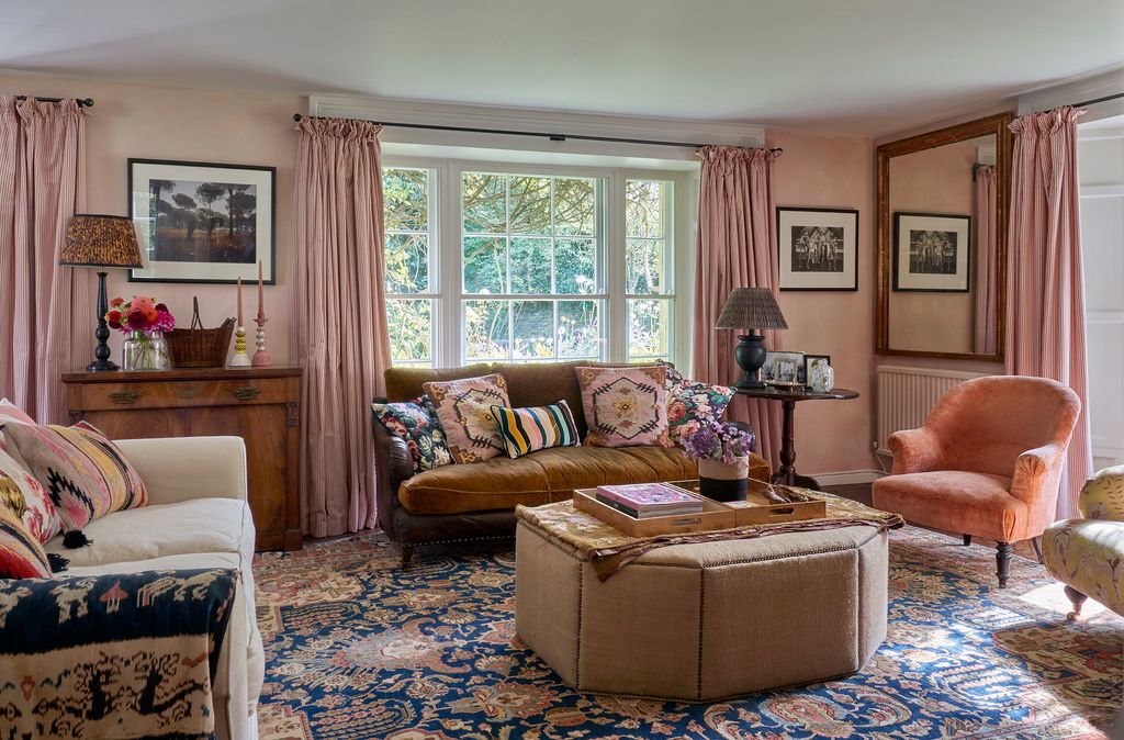 This drawing room is the primary entertaining space. The leather Howard sofa with original silk velvet cushions was a...