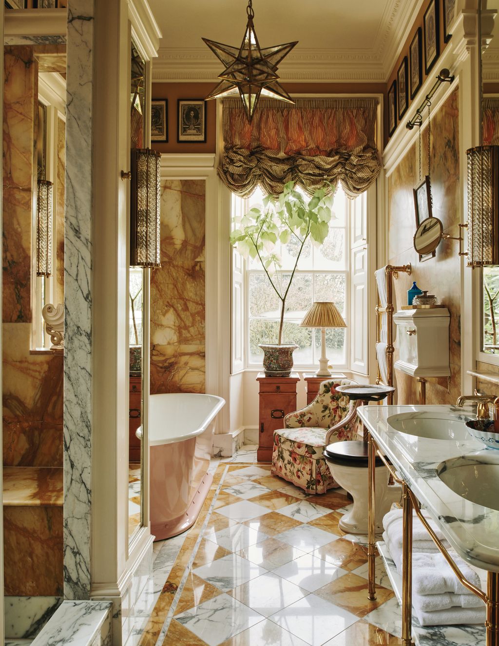 The walls and chequerboard floor in white Arabescato and yellow Siena marble provide a distinctive backdrop for the...