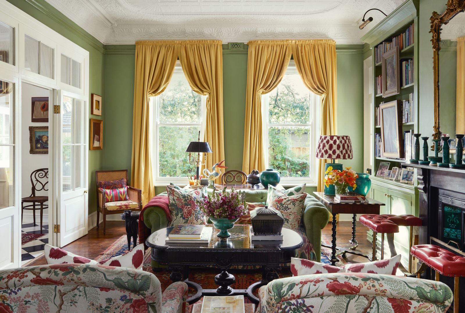 In the sitting room curtains in yellow faux silk from Blendworth Interiors and walls in Farrow amp Balls ‘Yeabridge...