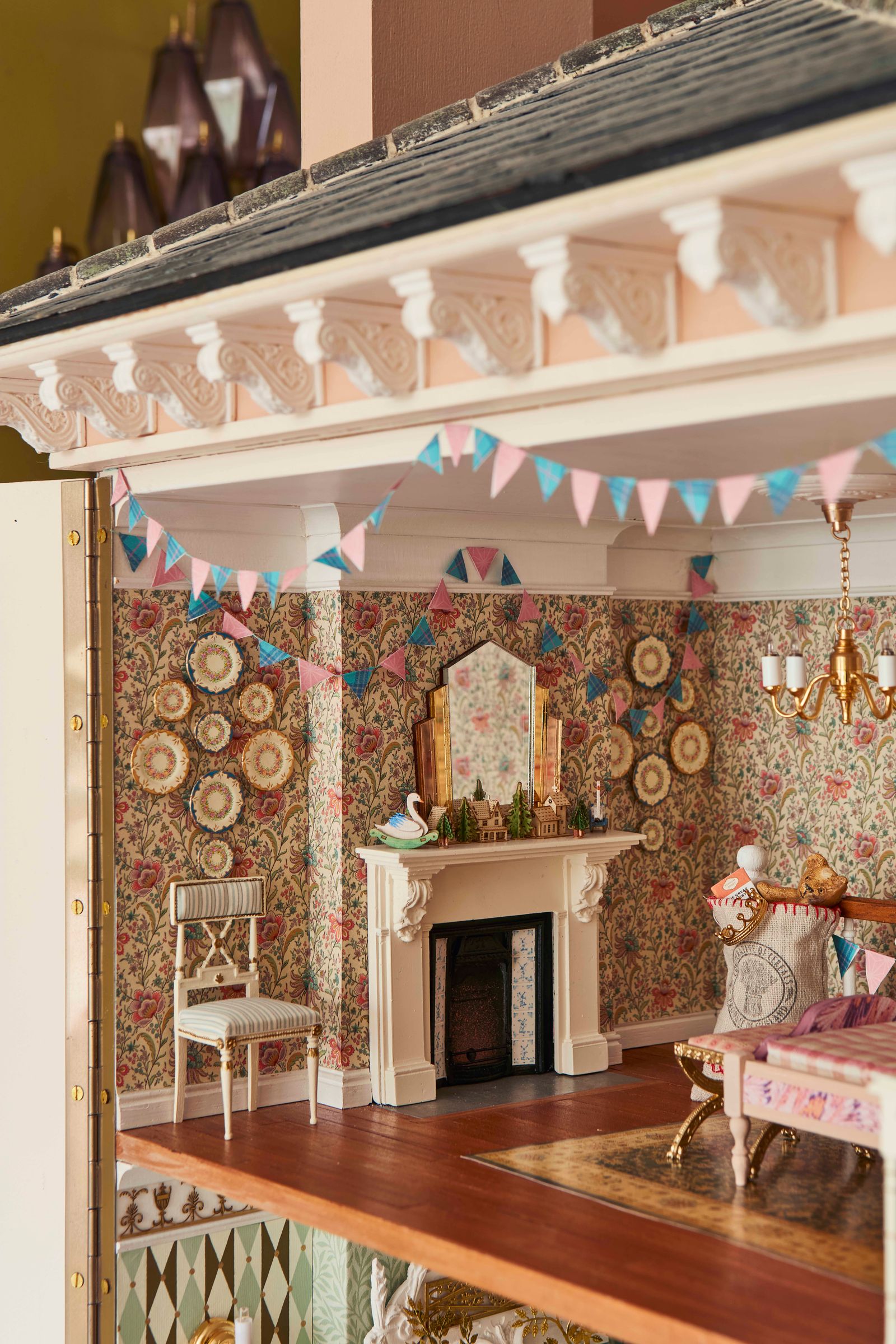 The intricate decoration of a magical Christmas doll's house