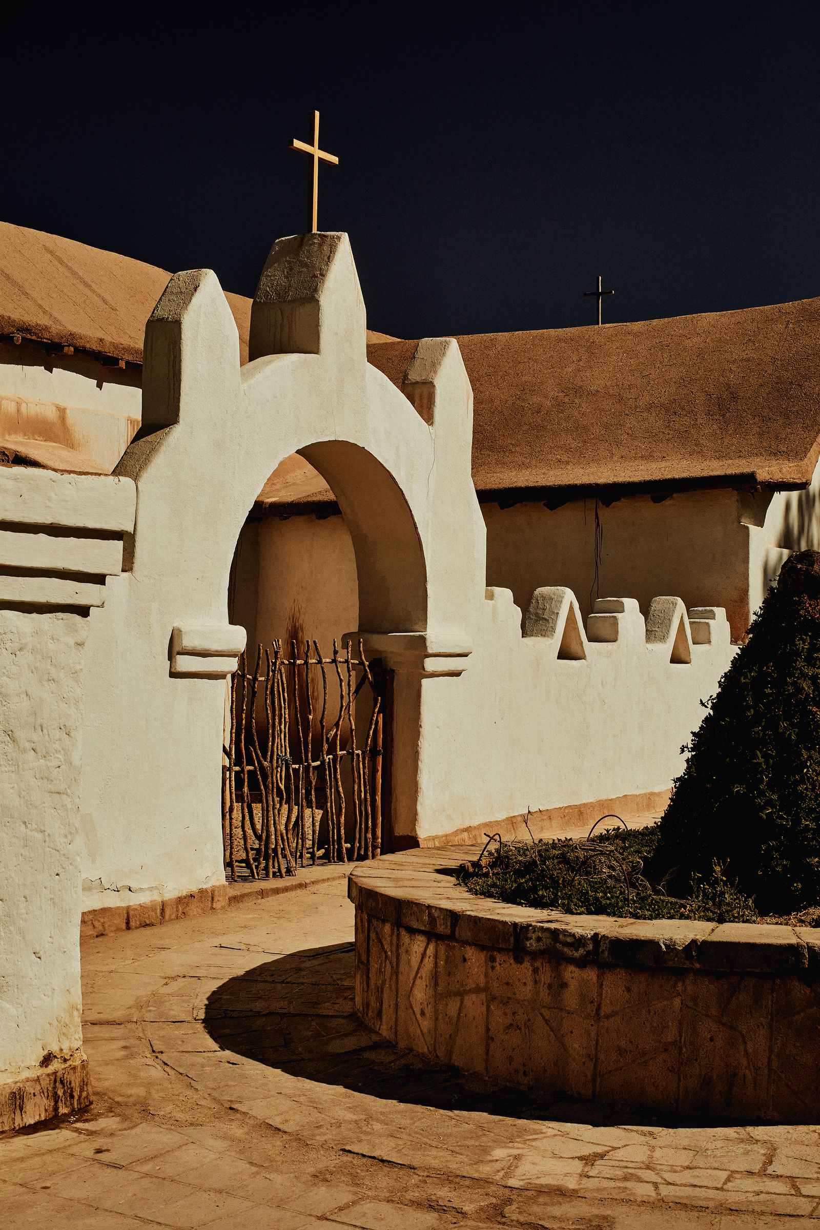 The rear entrance of the church of San Pedro de Atacama which was constructed during the Spanish colonial period and has...