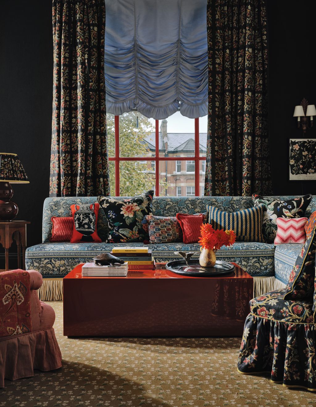 ‘Chintz Nature wallcovering  as before from Dedar. Framed textile as before from Katharine Pole.  French tole lights...