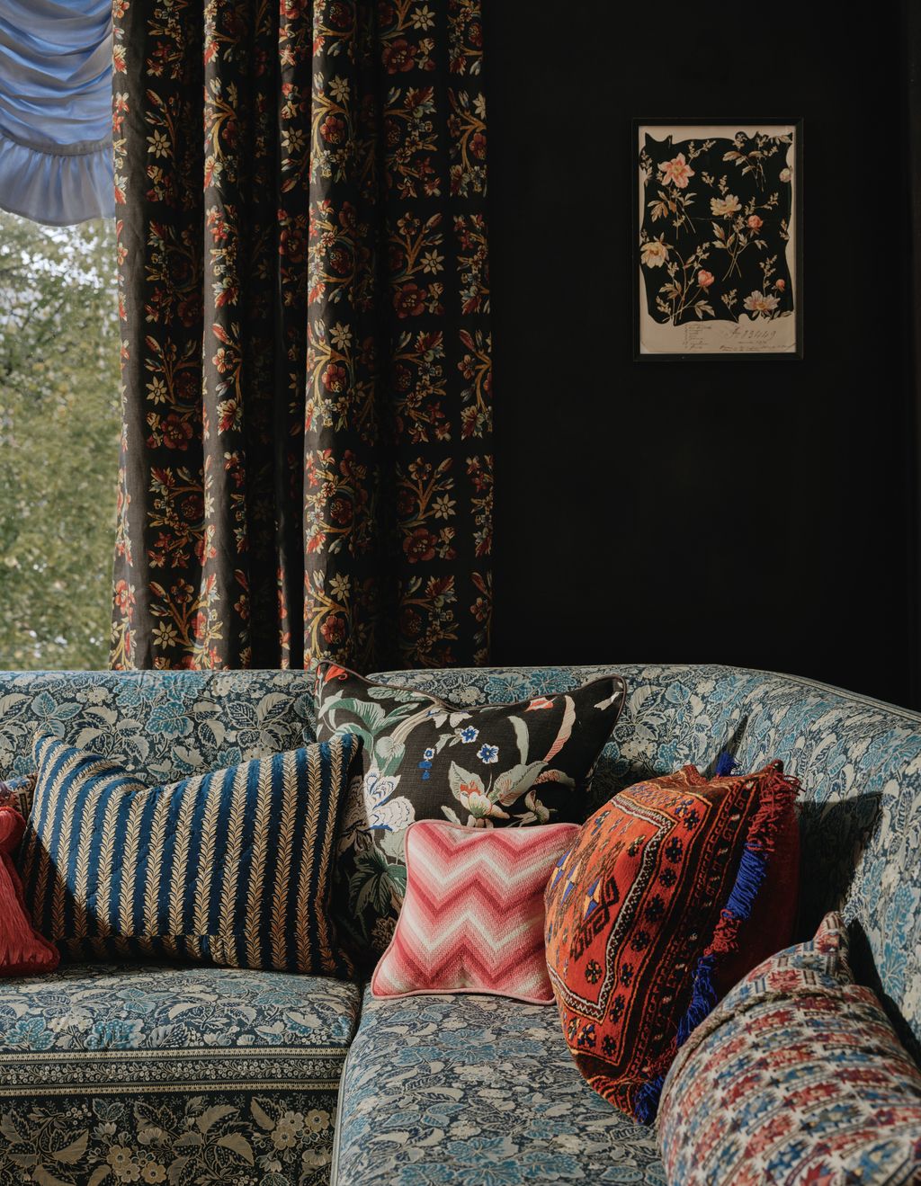 ‘Chintz Nature paperbacked linen wallcovering  199 a metre from Dedar.  Framed 19thcentury textile 475 from Katharine...