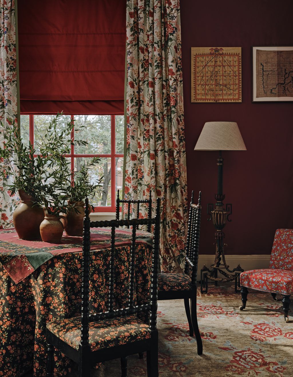Walls and blind in ‘Nura  by Manuel Canovas cotton 56 a metre from Colefax and Fowler.  Curtains in ‘Tree Poppy  cotton...