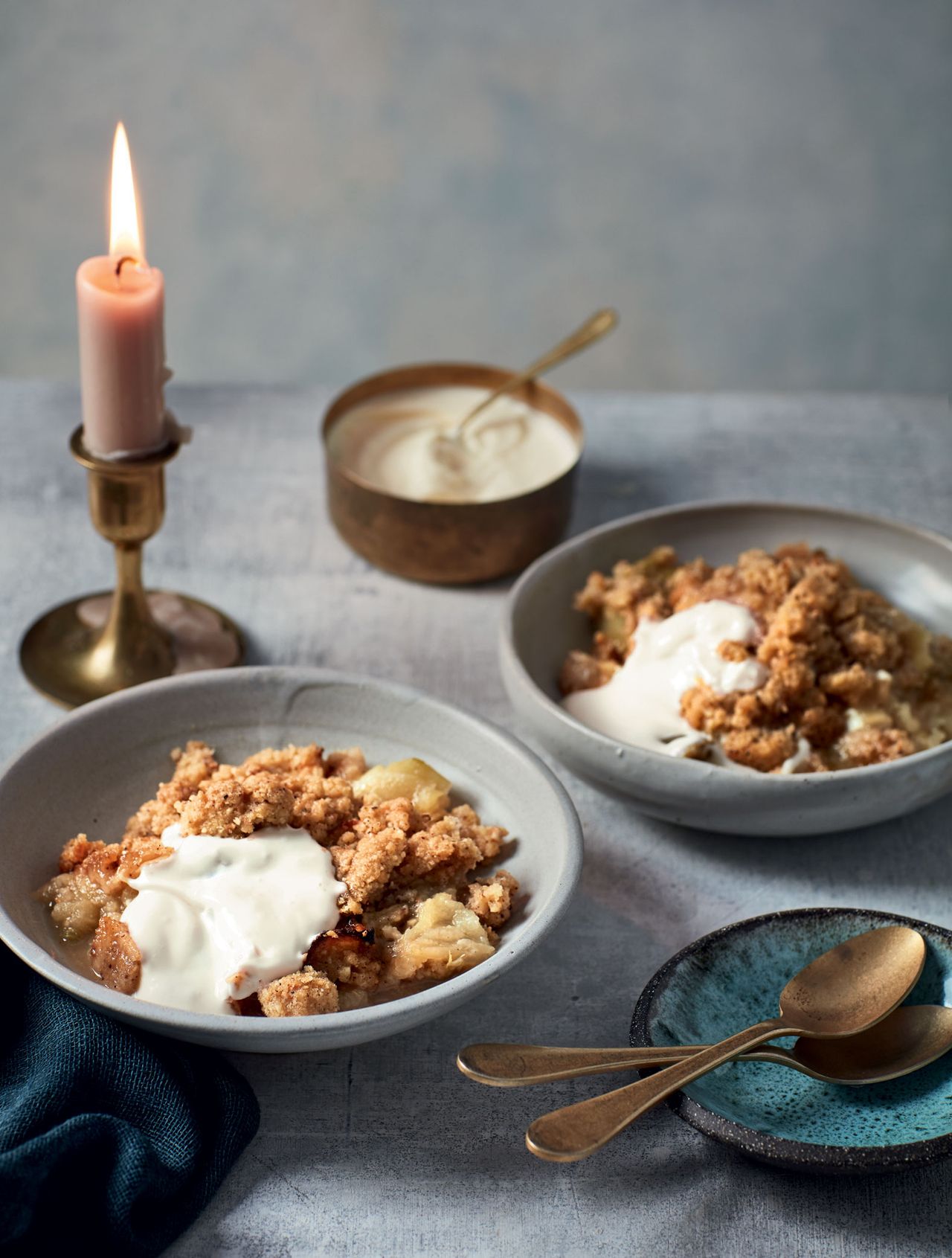 Rhubarb apple and sumac crumble with rose cream
