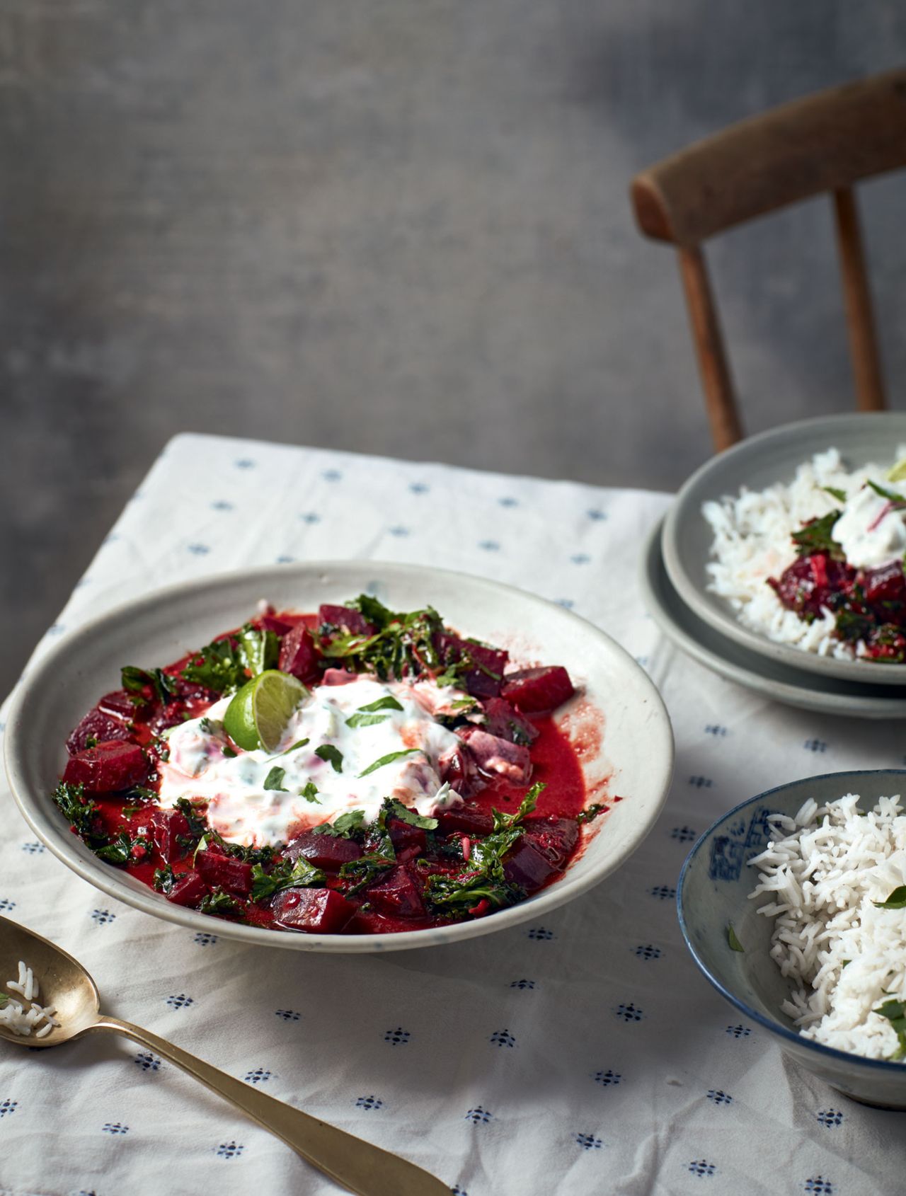 Beetroot ras el hanout and lemongrass curry with tzatziki