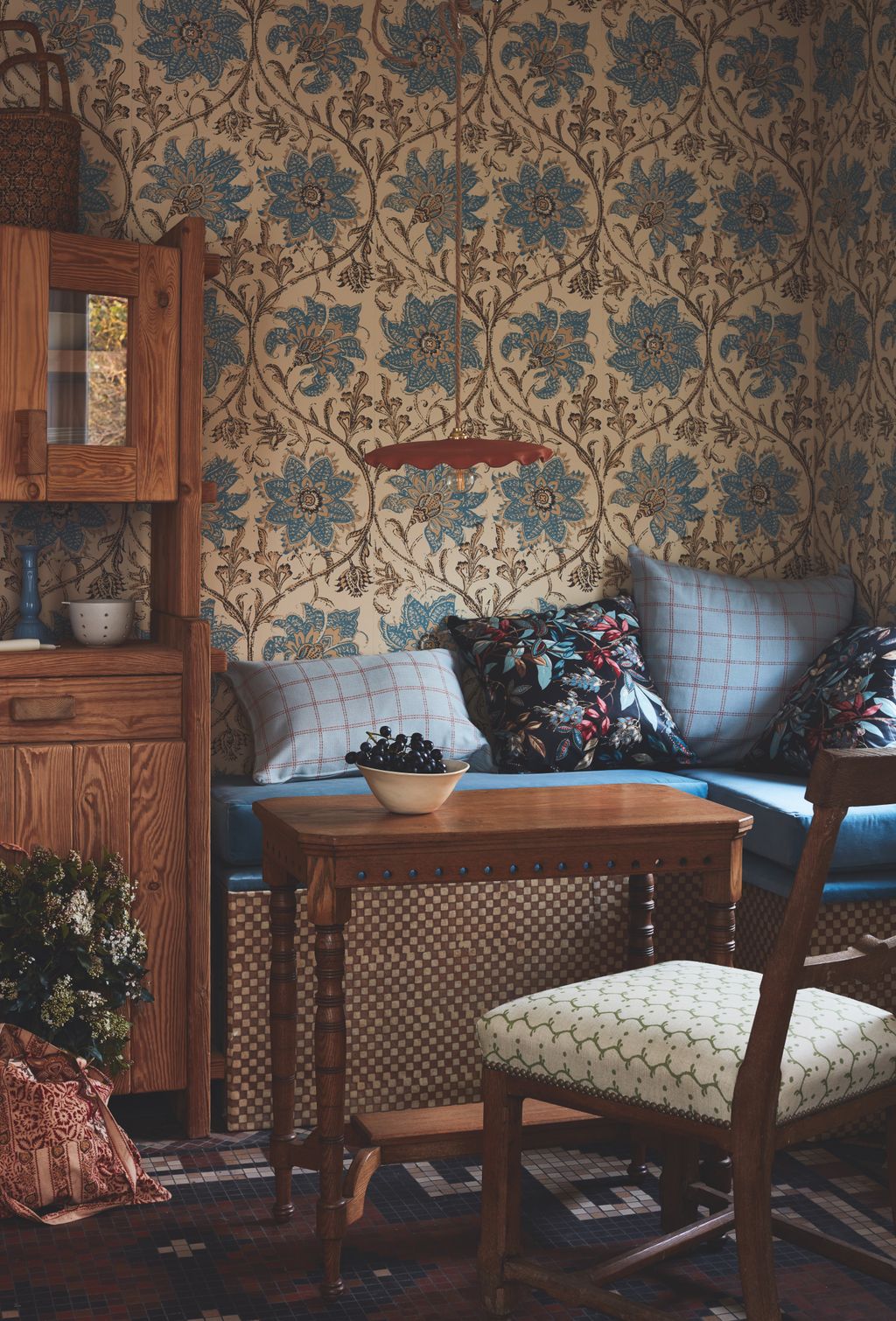 ‘Palampore Blossom wallpaper  850 a 10metre roll from Soane.  ‘Alpine Plank pine dresser 2500 from Aelfred.  Banquette...