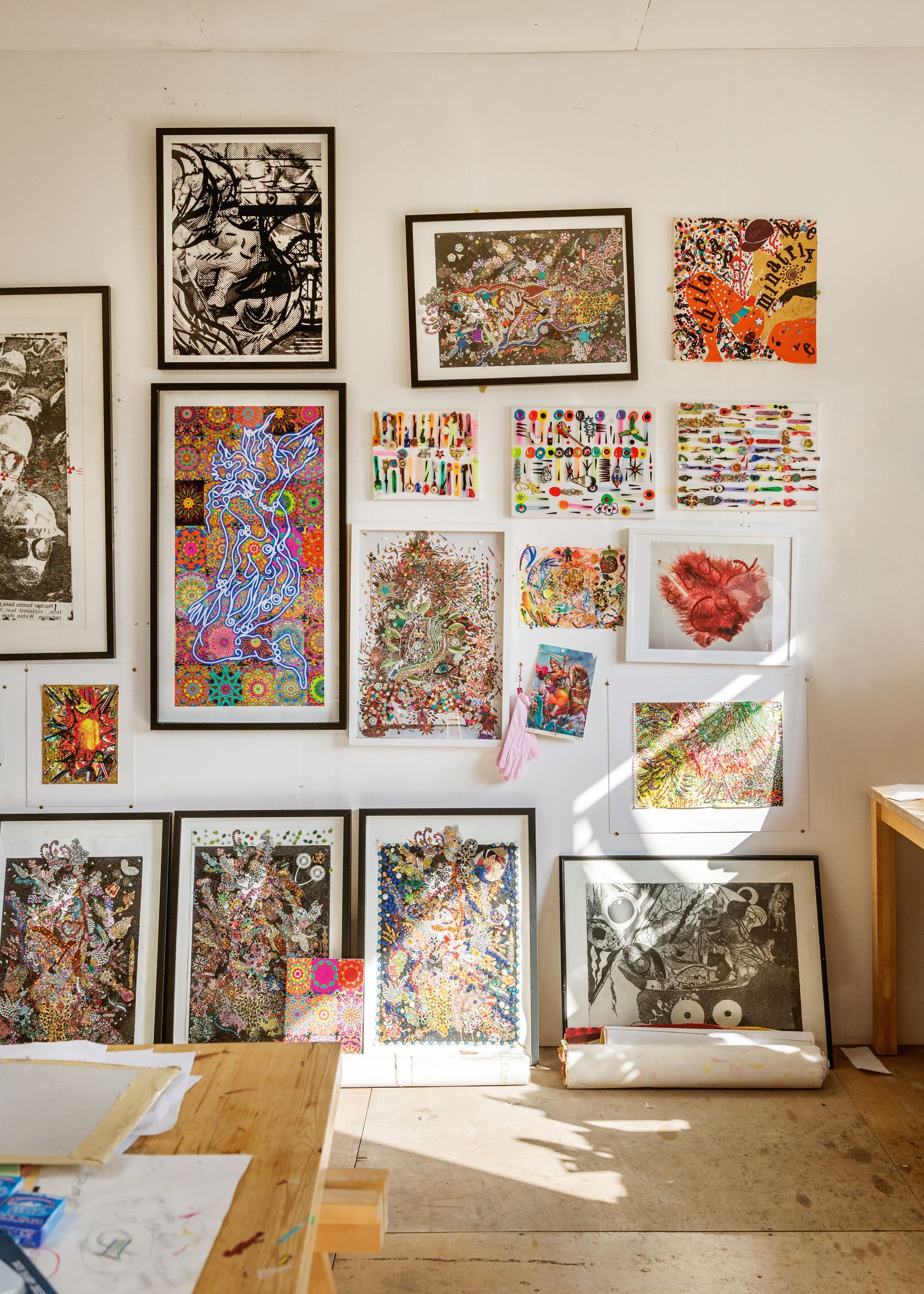 A variety of her works from different series including Ice Cream Spoon Paintings 2021 and Black Panther Bindi Girl 2015...