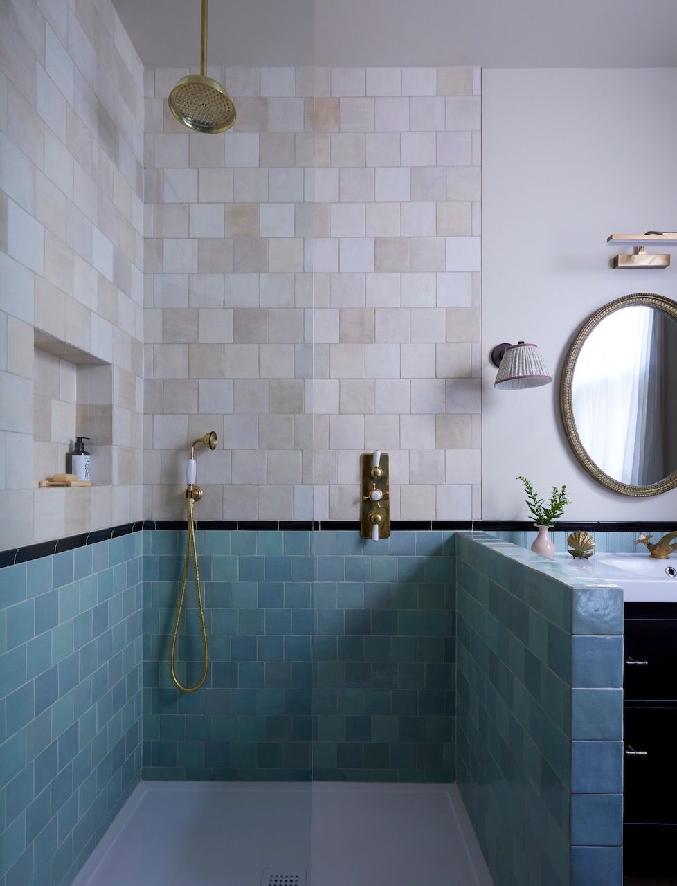 The cream tiles in the walk in shower are from Tile Direct the green tiles are Porcelain Superstore and the black tiles...