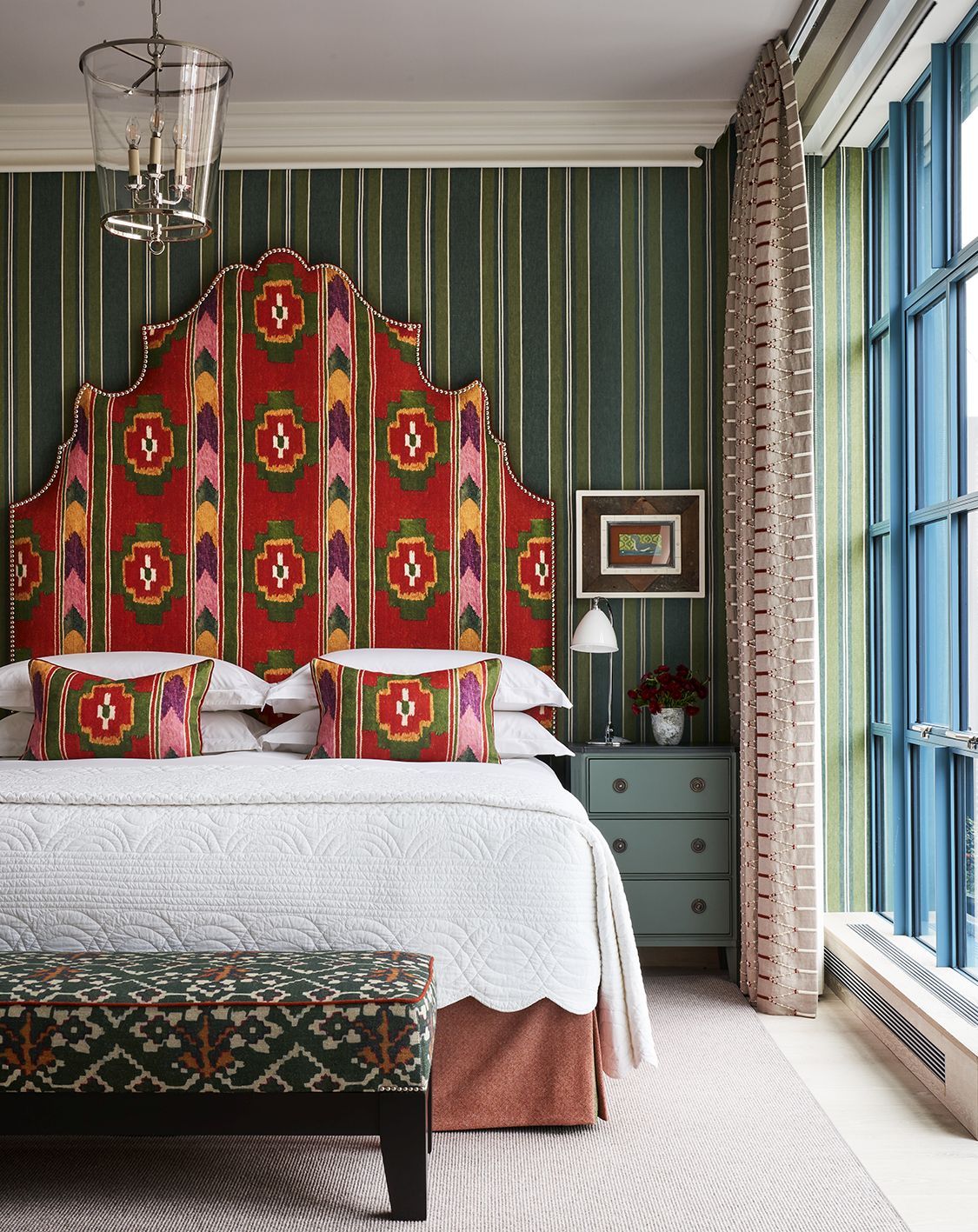 Image may contain Indoors Interior Design Lamp Home Decor Art Painting Bed Furniture Bench Bedroom and Room