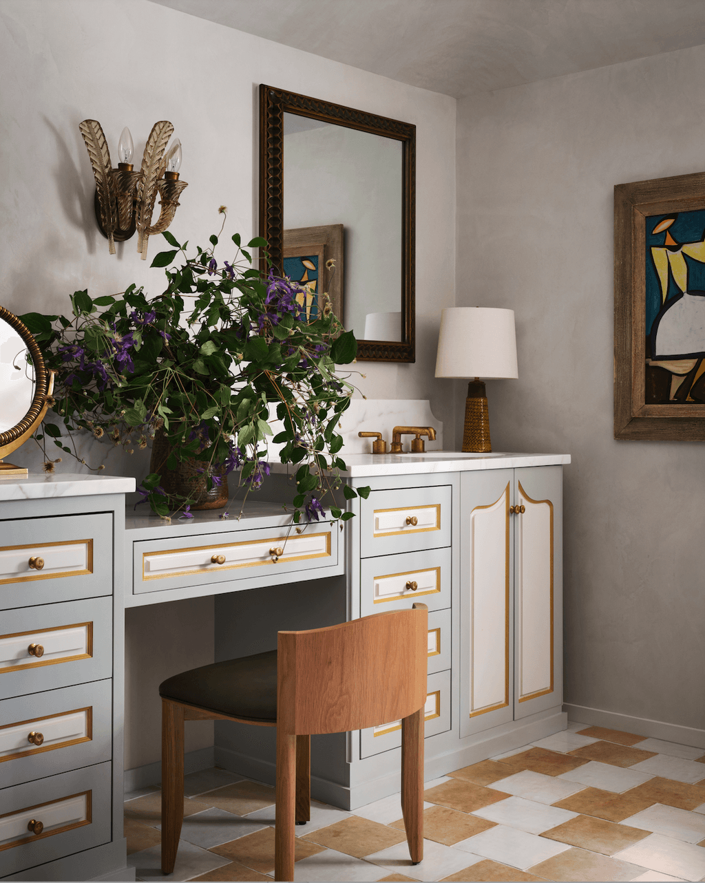 Image may contain Indoors Interior Design Flower Flower Arrangement Plant Floor Furniture Sideboard and Lamp