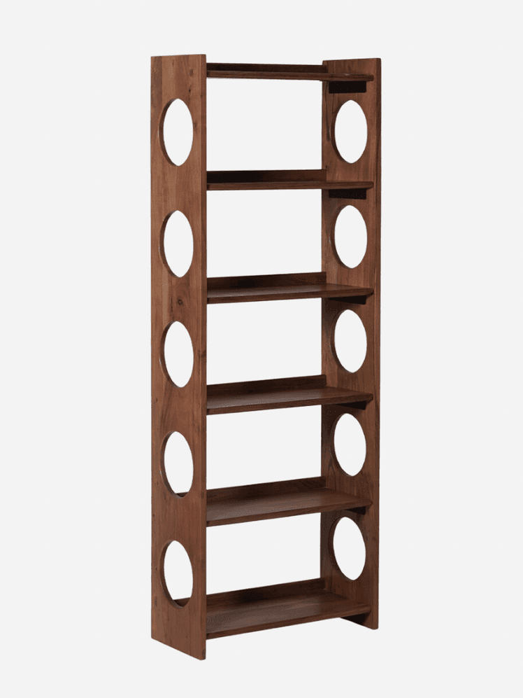 Swoon, Alduin Shelving Unit, Dark Brown Acacia, hollow design with circular openings on both sides of each shelves