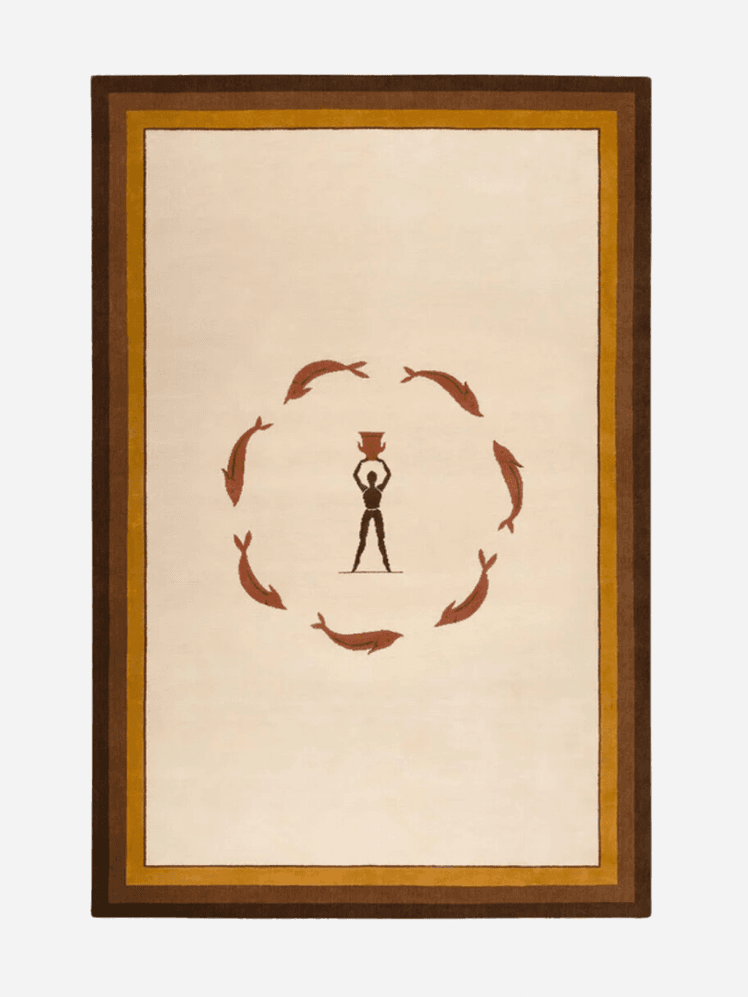 Fabrizio Casiraghi Archeologist Rug, Nordic Knots, cream background and 3 shades of brown from dark to light in border, central image of a man holding up vessel and fish circling him