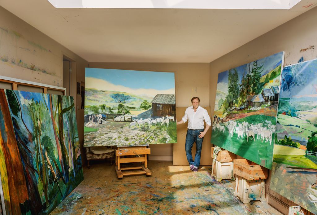 Image may contain Art Painting Adult Person Clothing Pants Mural Footwear Shoe and Box