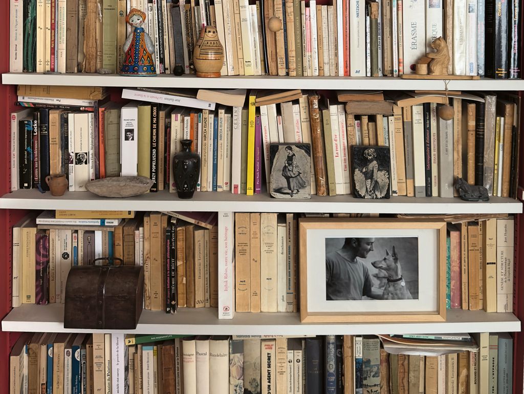 Image may contain Furniture Bookcase Person Art Painting Accessories Bag Handbag Animal Canine Dog and Mammal