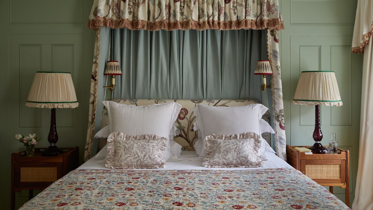 Image may contain: Lamp, Bed, Furniture, Indoors, Bedroom, Room, Table Lamp, Home Decor, and Cushion