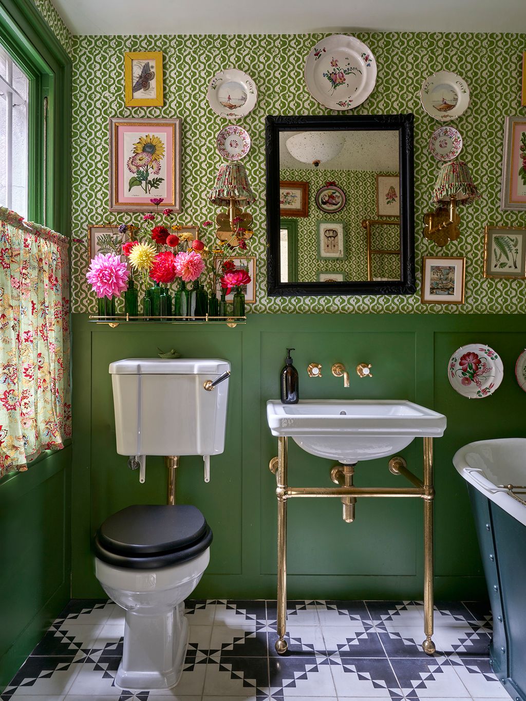 Image may contain Sink Sink Faucet Plate Bathroom Indoors Room Toilet Corner Art Painting Flower Plant and Lamp