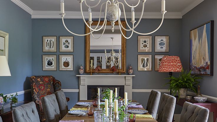 Image may contain: Architecture, Building, Dining Room, Dining Table, Furniture, Indoors, Room, Table, Chandelier, and Lamp