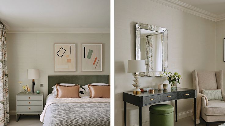 Image may contain: Lamp, Bed, Furniture, Desk, Table, Home Decor, Chair, Indoors, Corner, Interior Design, and Cushion