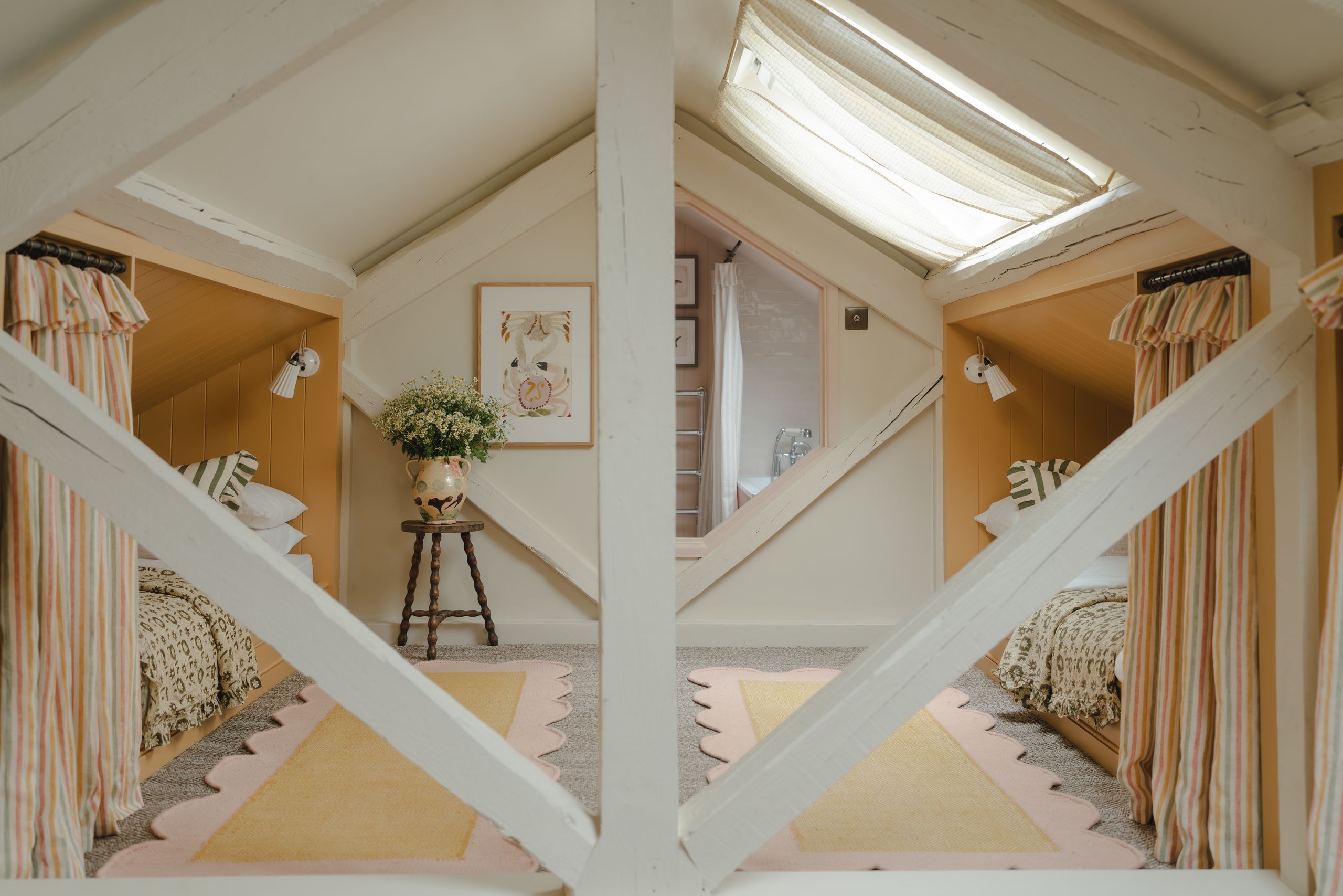 Image may contain: Architecture, Building, House, Housing, Indoors, Loft, Room, Art, Painting, Lamp, Attic, and Home Decor